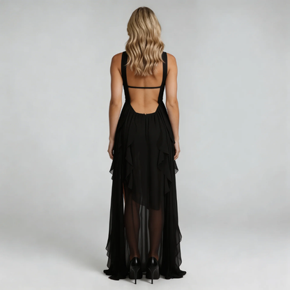 Women's strapless ruffle maxi dress in jet black, open back view