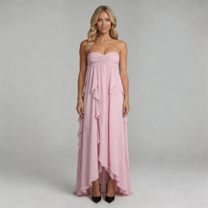 Women's strapless ruffle maxi dress in blush pink, front view