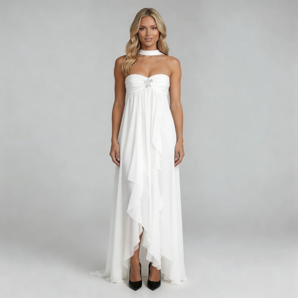 Women's strapless ruffle maxi dress in ivory white, front view