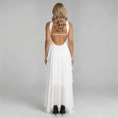 Women's strapless ruffle maxi dress in ivory white, open back view