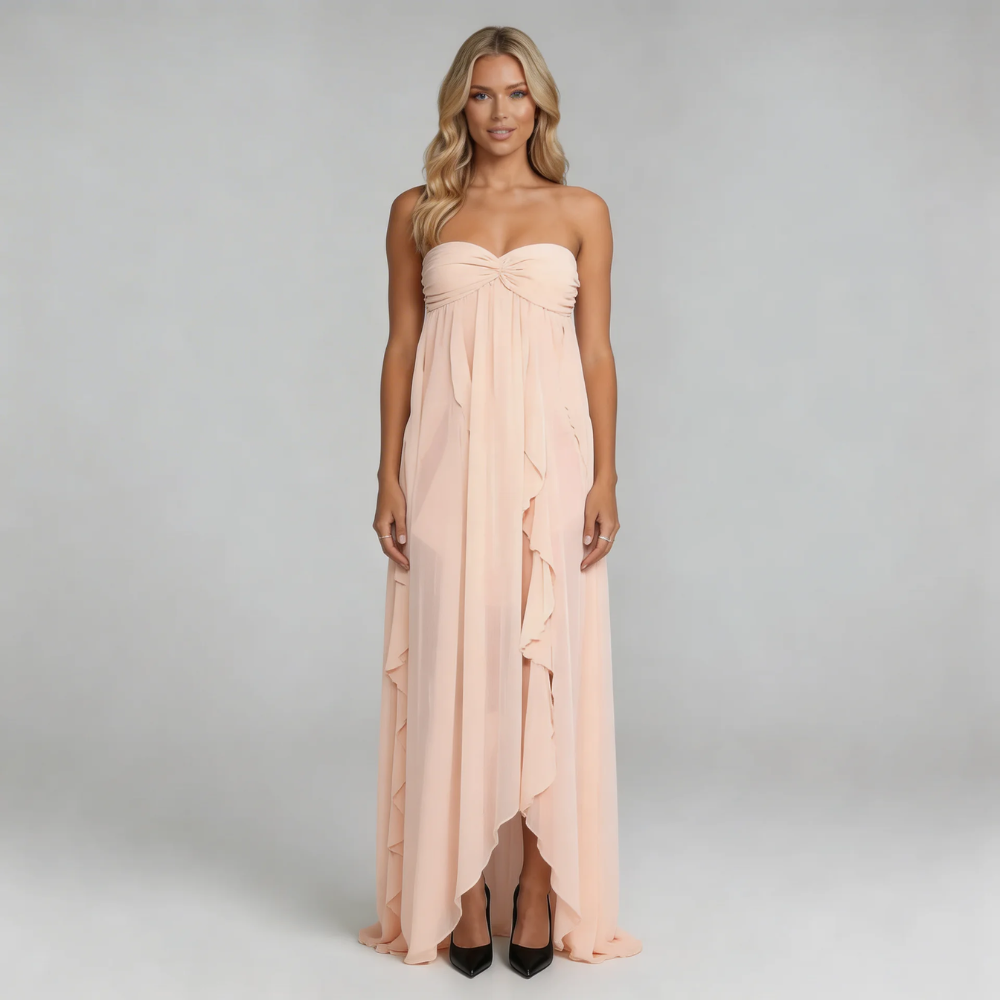 Women's strapless ruffle maxi dress in soft peach, front view