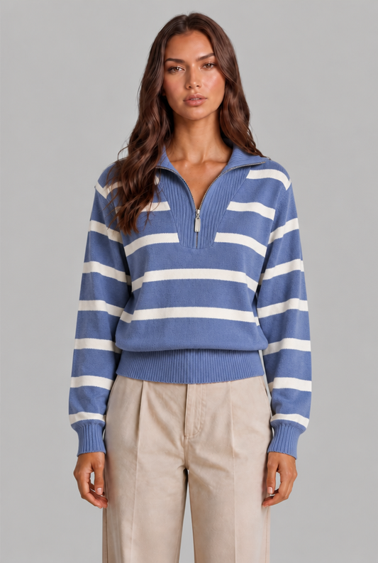 Women's striped half-zip ribbed knit jumper, front view