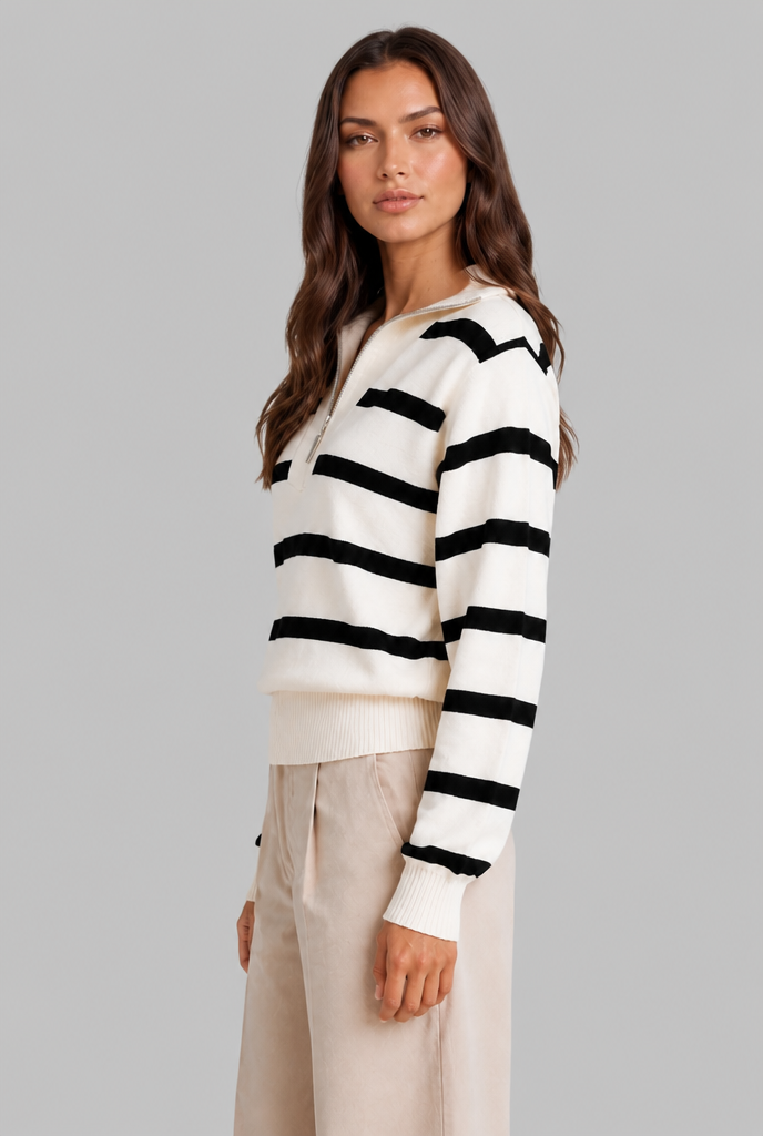Women's striped half-zip ribbed knit jumper, detail view