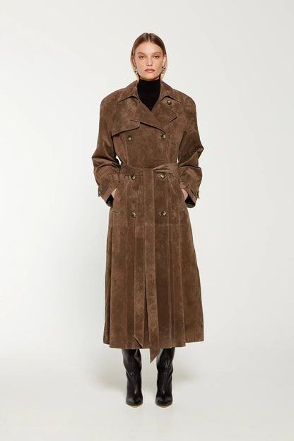 Women's suede look trench coat in brown, front view
