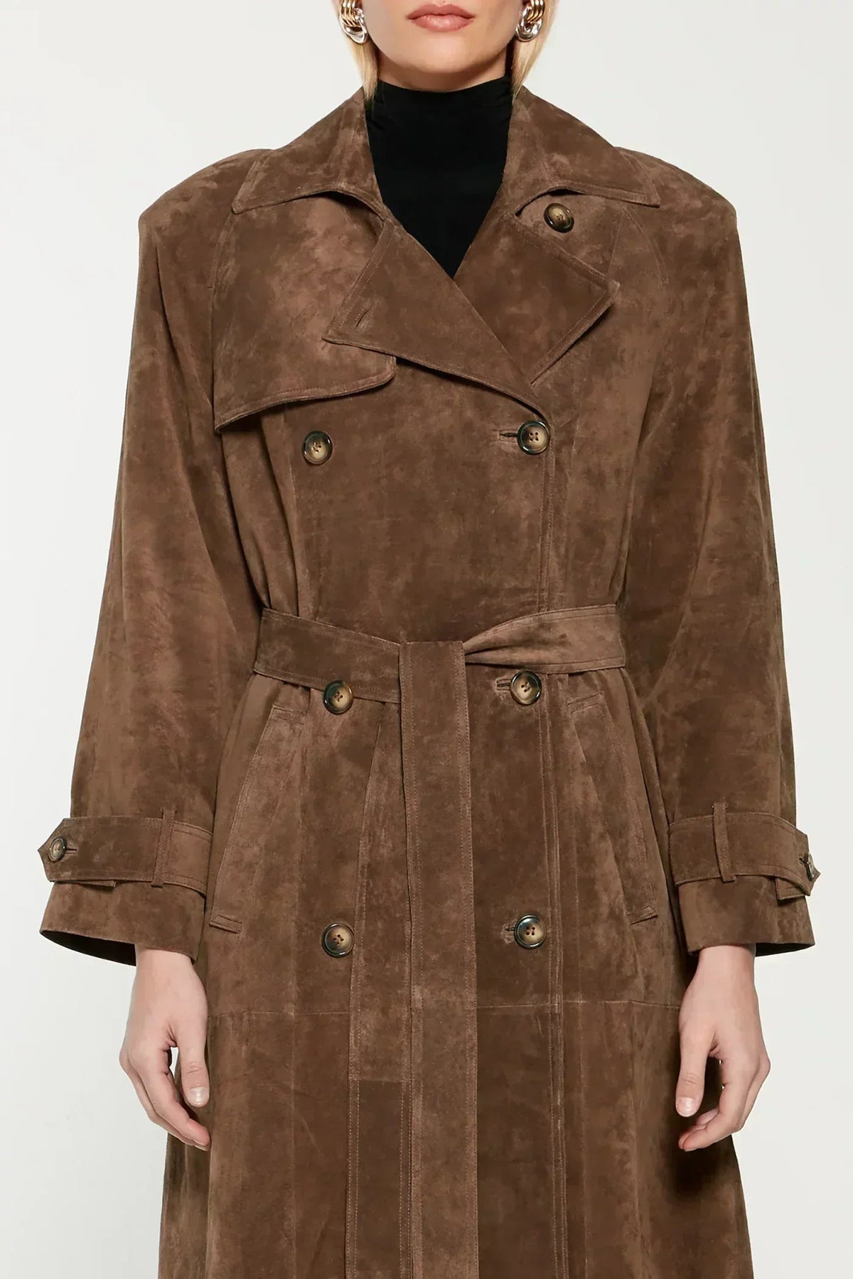 Women's suede look trench coat in brown, styled view