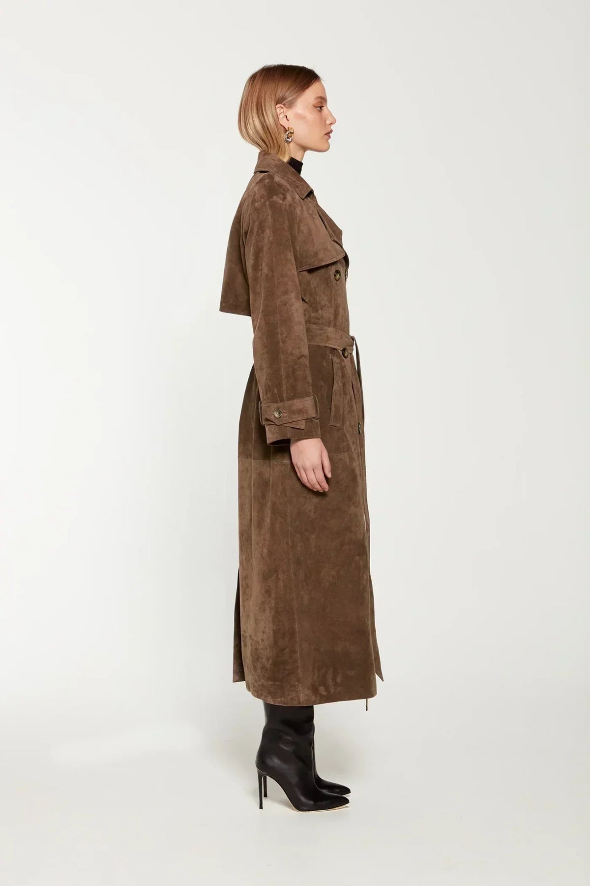 Women's suede look trench coat in brown, side view
