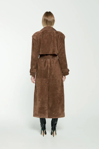 Women's suede look trench coat in brown, back view
