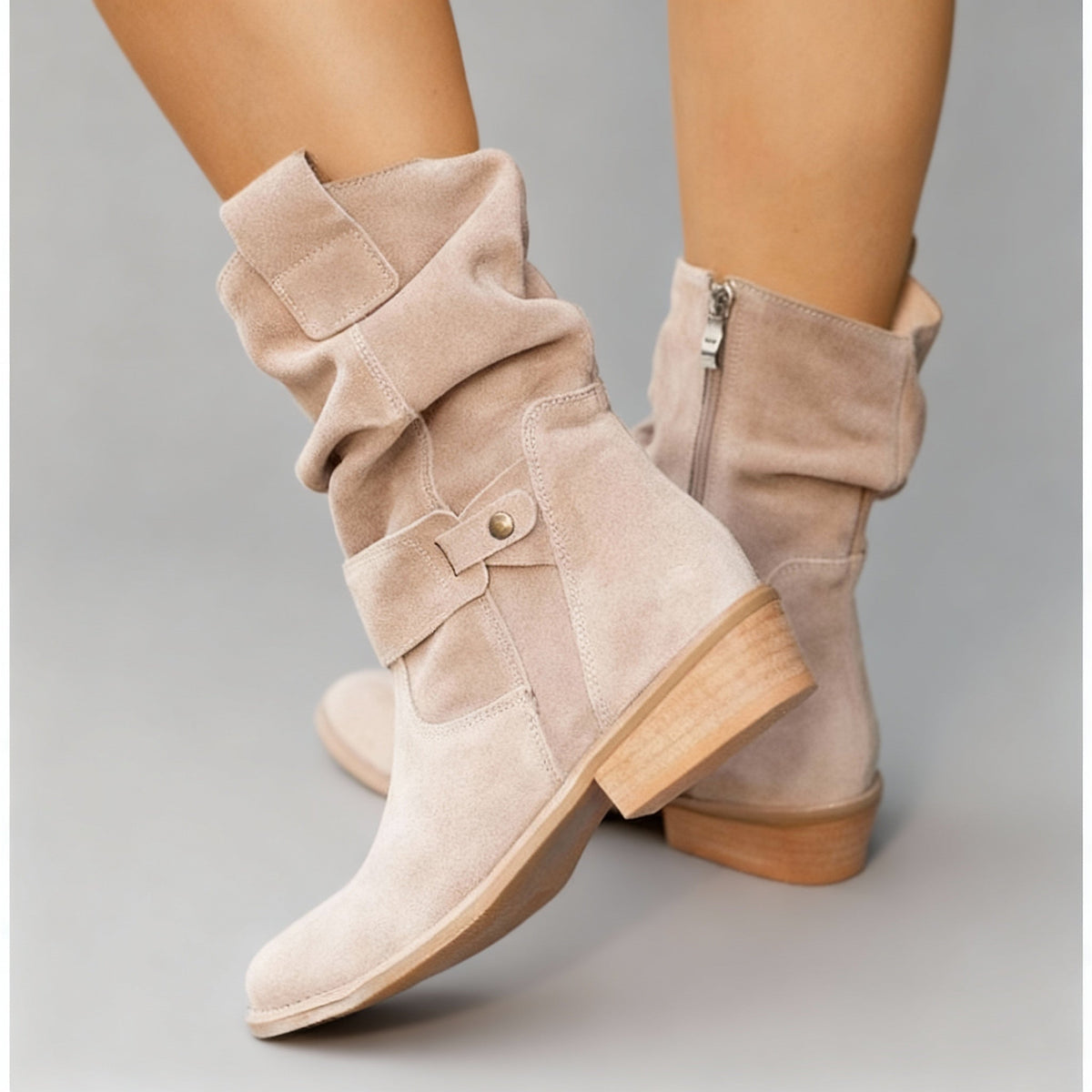 Women's suede slouch block heel boots in beige