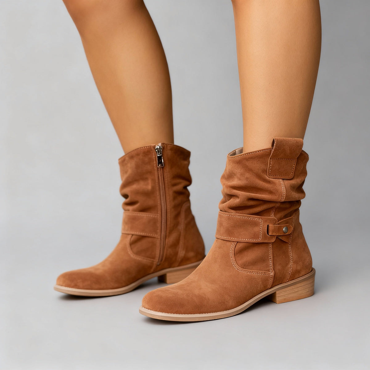 Women's suede slouch block heel boots in brown