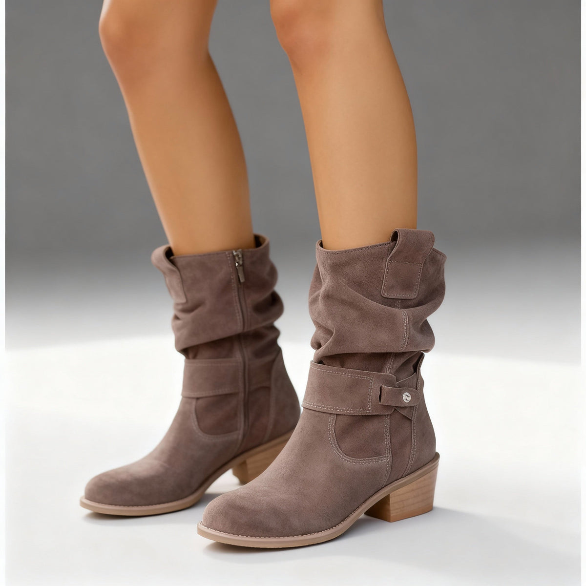 Women's suede slouch block heel boots in cream