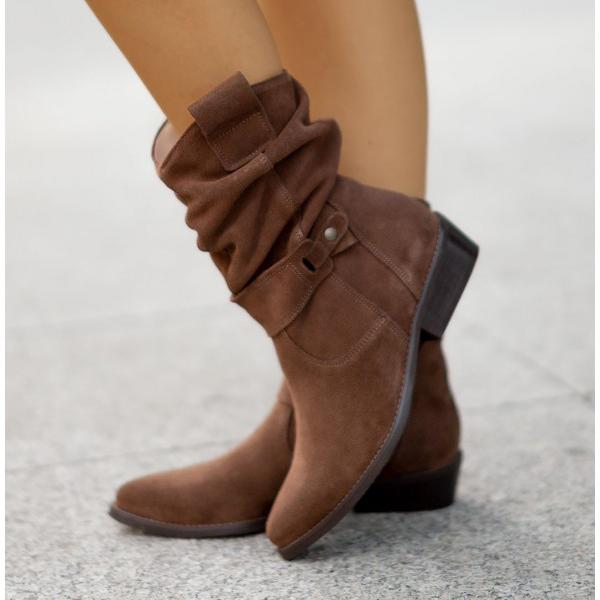 Women's suede slouch block heel boots in tan