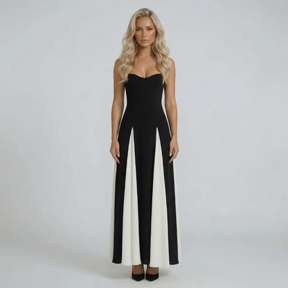 Women's sweetheart contrast pleated maxi dress in black, short sleeve, front view