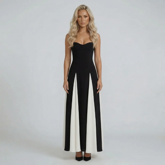 Women's sweetheart contrast pleated maxi dress in black, short sleeve, front view