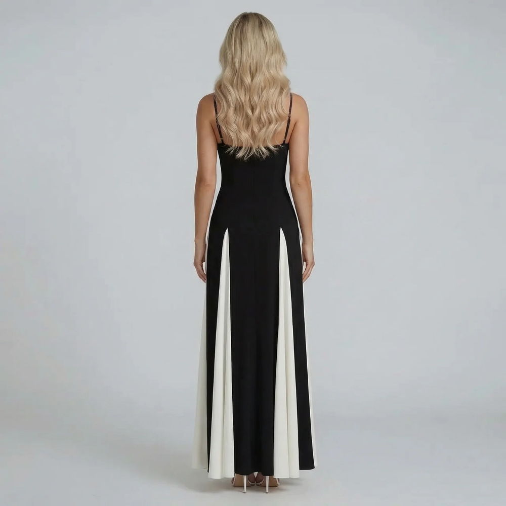 Women's sweetheart contrast pleated maxi dress in black, short sleeve, back view