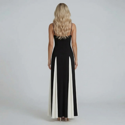 Women's sweetheart contrast pleated maxi dress in black, short sleeve, back view