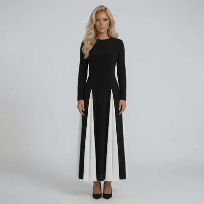 Women's sweetheart contrast pleated maxi dress in black, long sleeve, front view