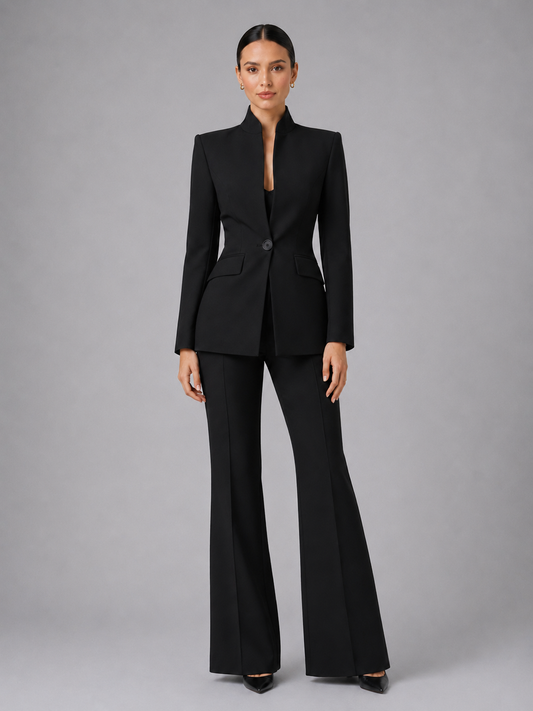 Women's tailored collarless wide leg suit set in black, front view