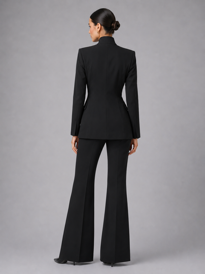 Women's tailored collarless wide leg suit set in black, side view