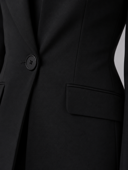Women's tailored collarless wide leg suit set in black, detail view