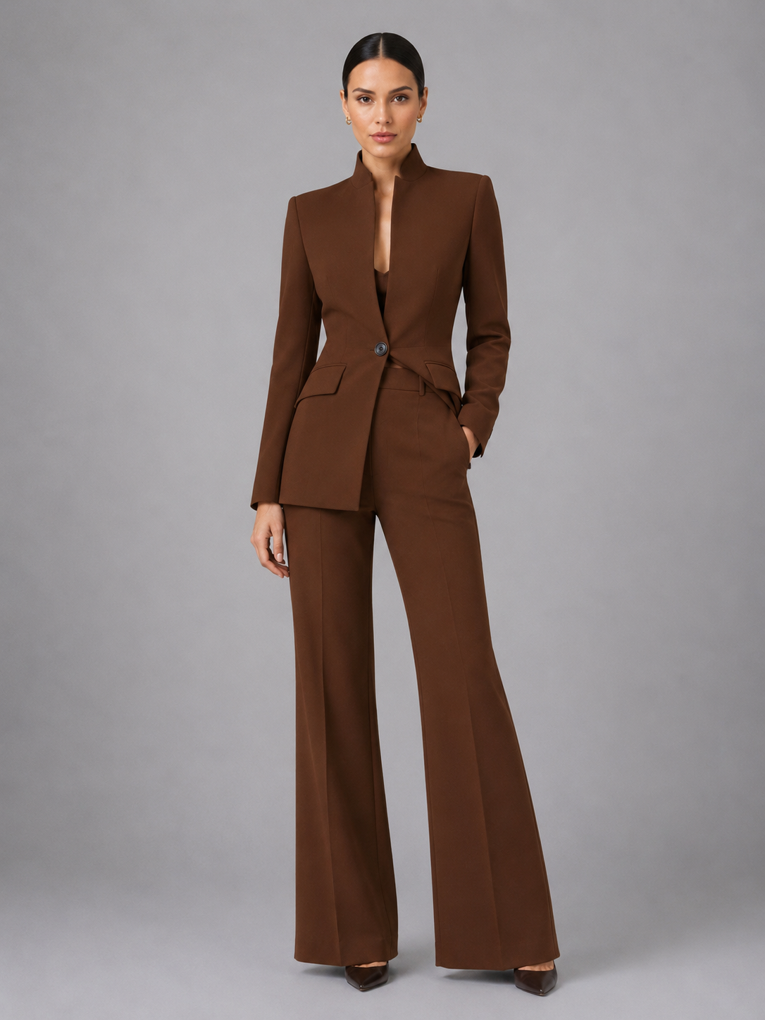 Women's tailored collarless wide leg suit set in brown, front view