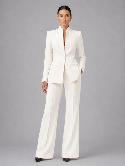 Women's tailored collarless wide leg suit set in cream, front view