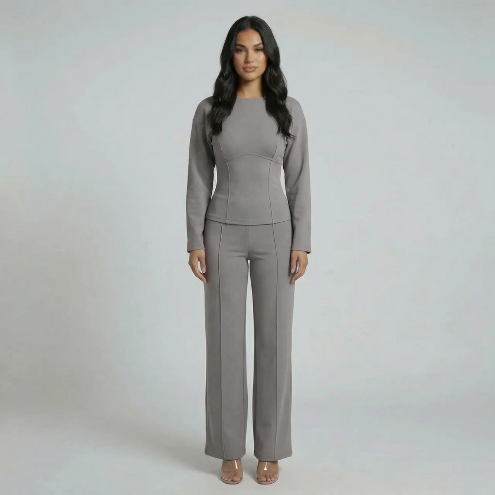 Women's tailored wide leg two piece set in grey, front view