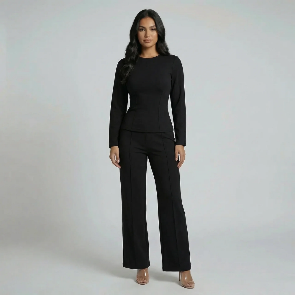 Women's tailored wide leg two piece set in black, styled view