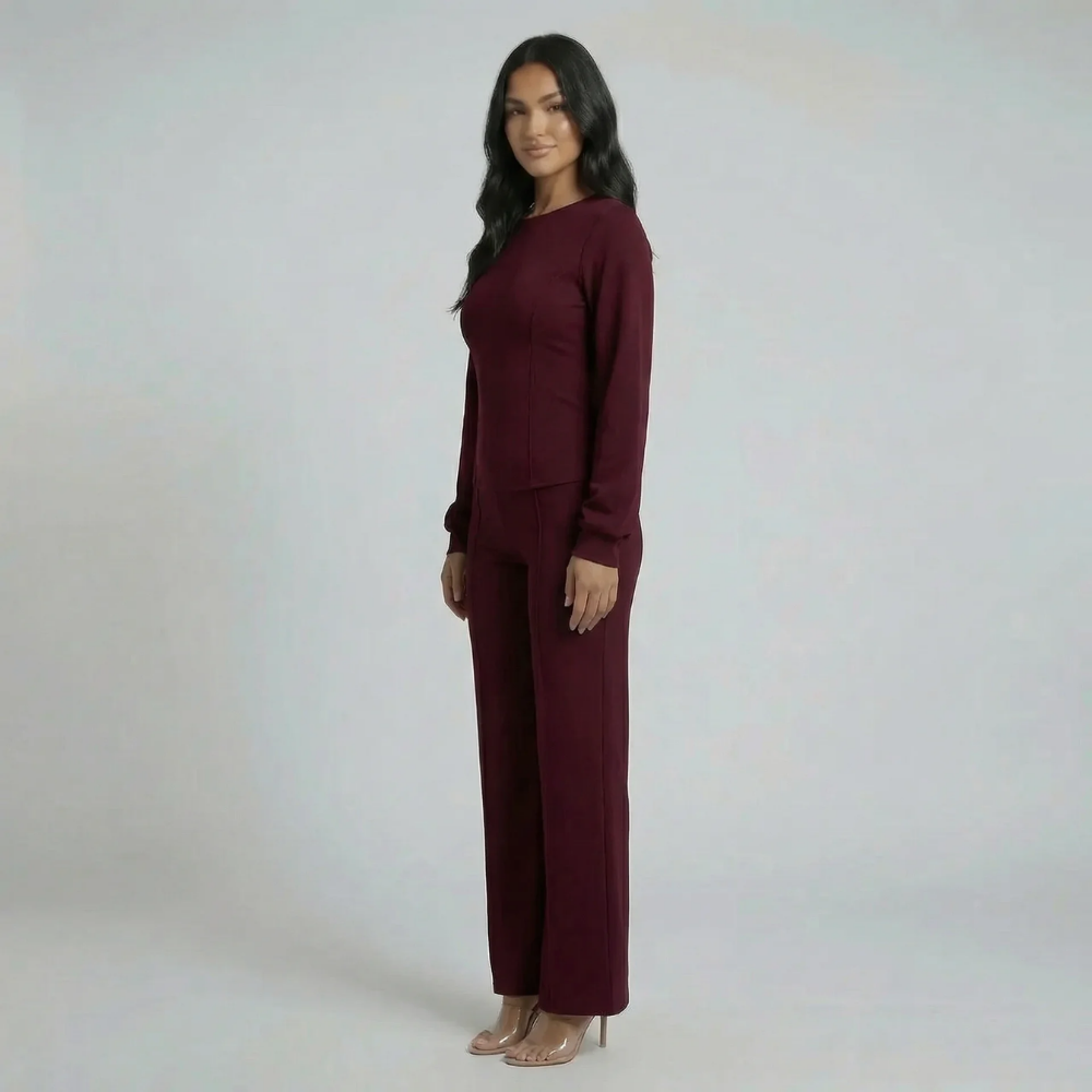 Women's tailored wide leg two piece set in burgundy, side view