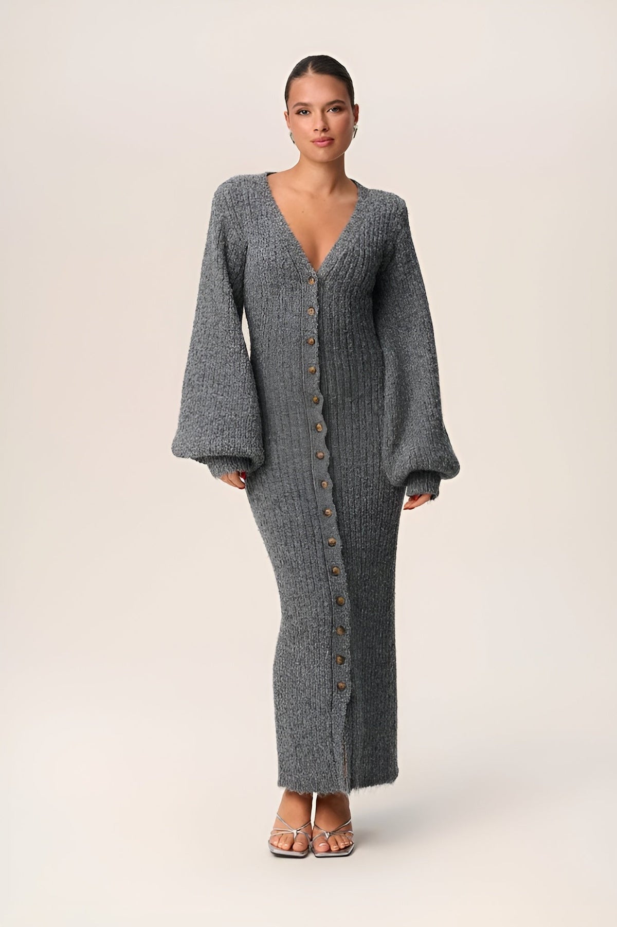 Women's v neck balloon sleeve maxi dress in dark grey, front view