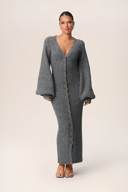 Women's v neck balloon sleeve maxi dress in dark grey, front view