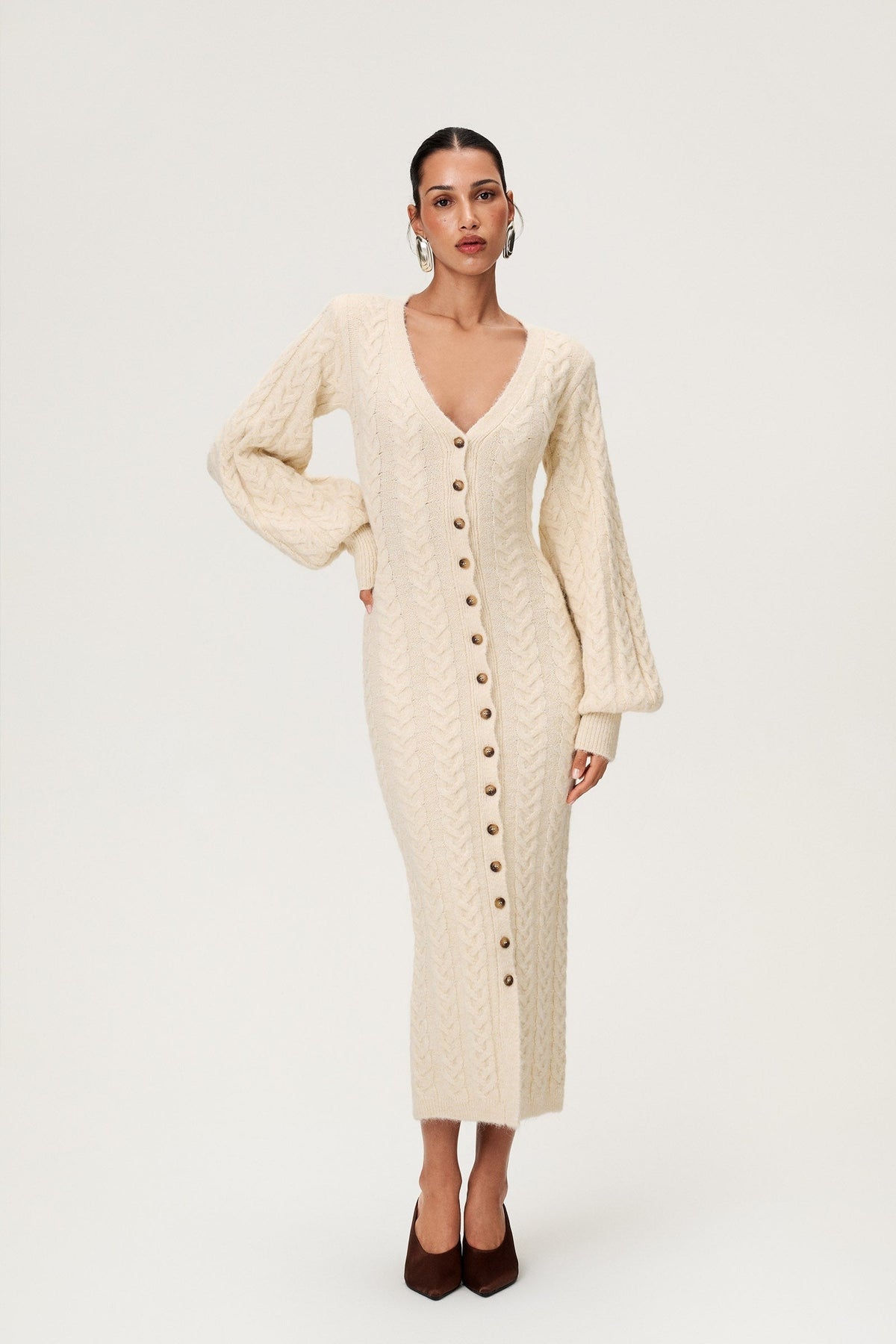 Women's v neck balloon sleeve maxi dress in white, detail view
