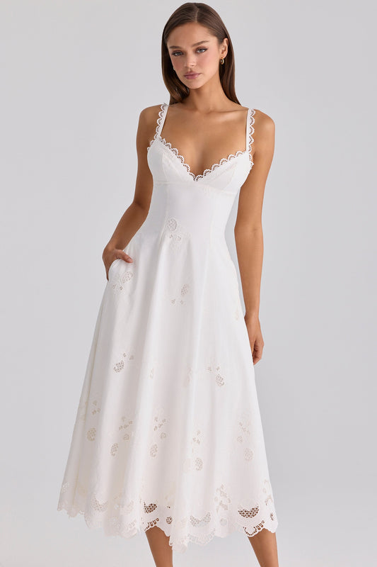 Women's v neck maxi dress in white, front view