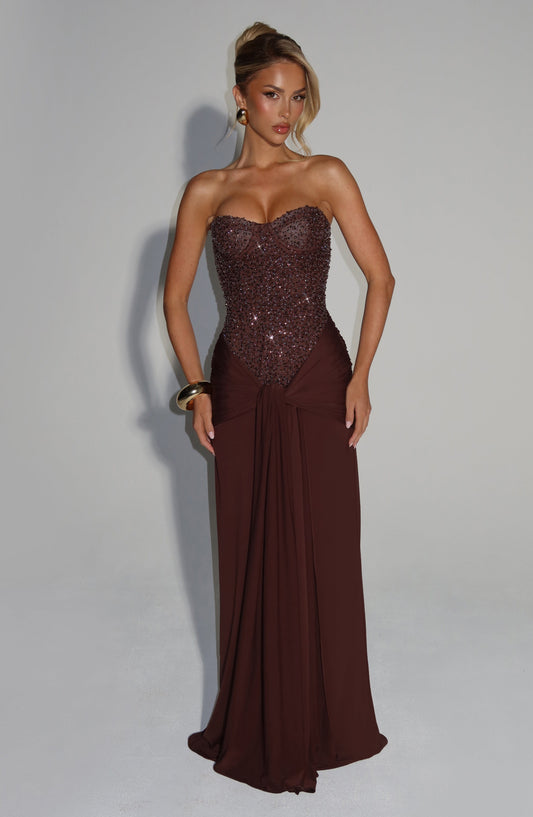 Women's wedding guest corset maxi dress in brown, front view