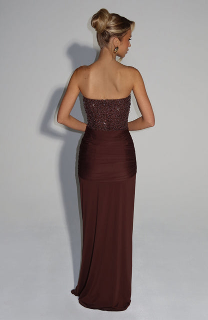 Women's wedding guest corset maxi dress in brown, back view