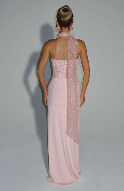Women's wedding guest corset maxi dress in pink, front view