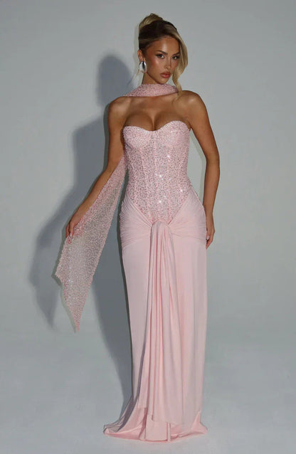 Women's wedding guest corset maxi dress in pink, back view