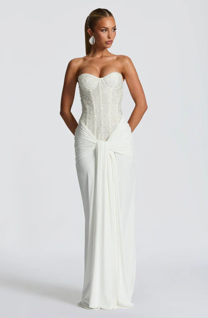 Women's wedding guest corset maxi dress in white, side view