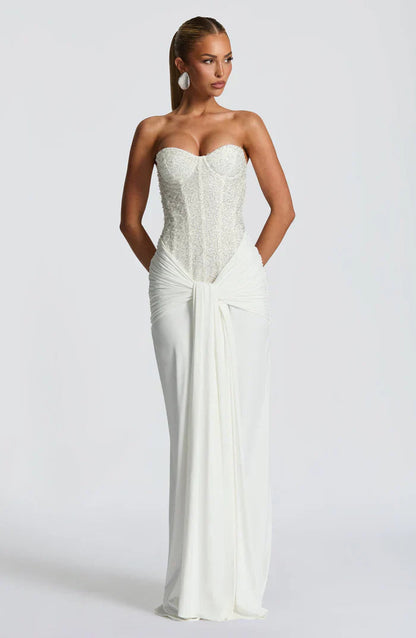 Women's wedding guest corset maxi dress in white, side view