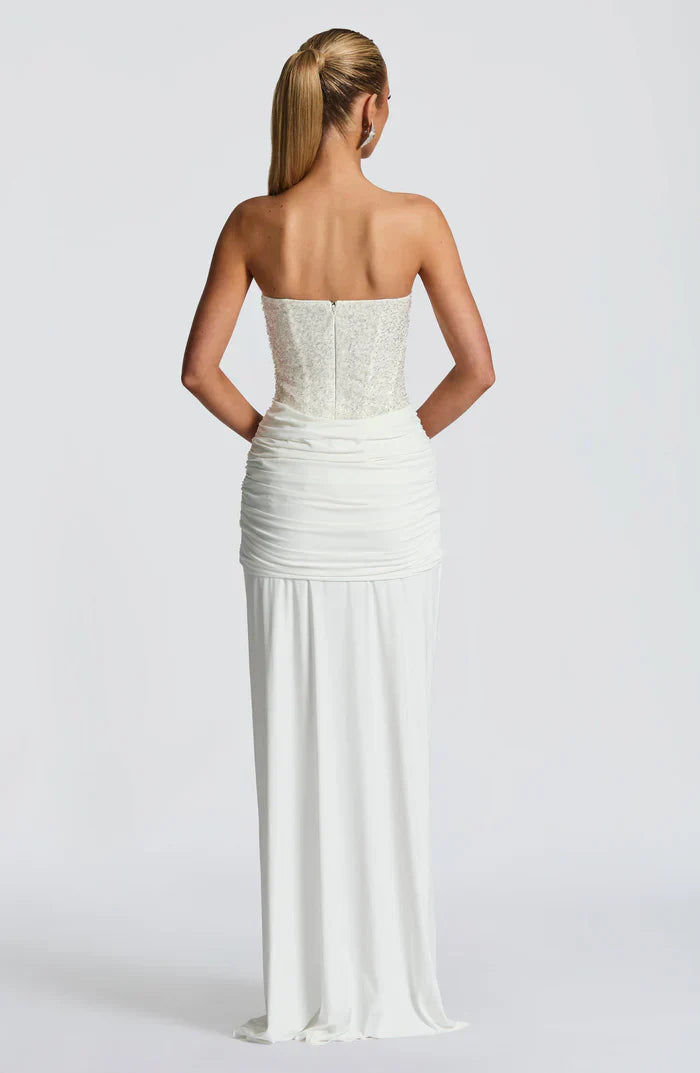 Women's wedding guest corset maxi dress in white, front view