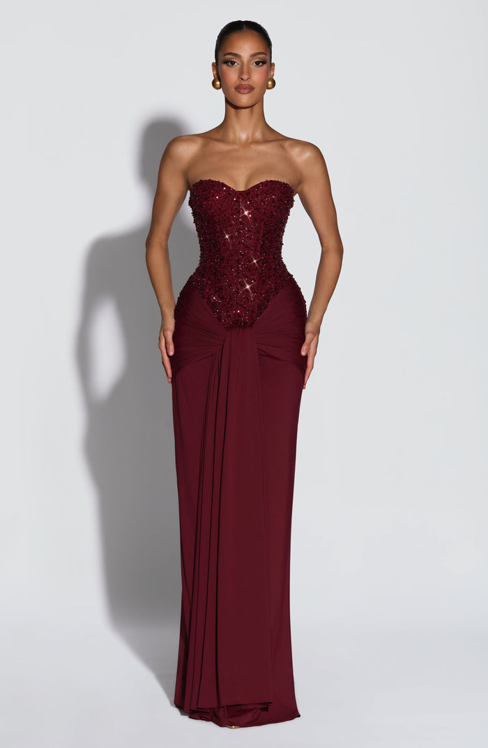 Women's wedding guest corset maxi dress in wine red, side view