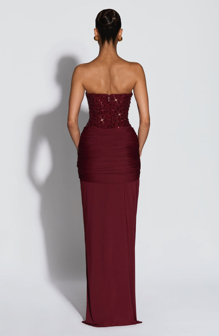 Women's wedding guest corset maxi dress in wine red, front view