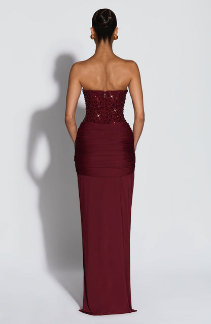 Women's wedding guest corset maxi dress in wine red, front view