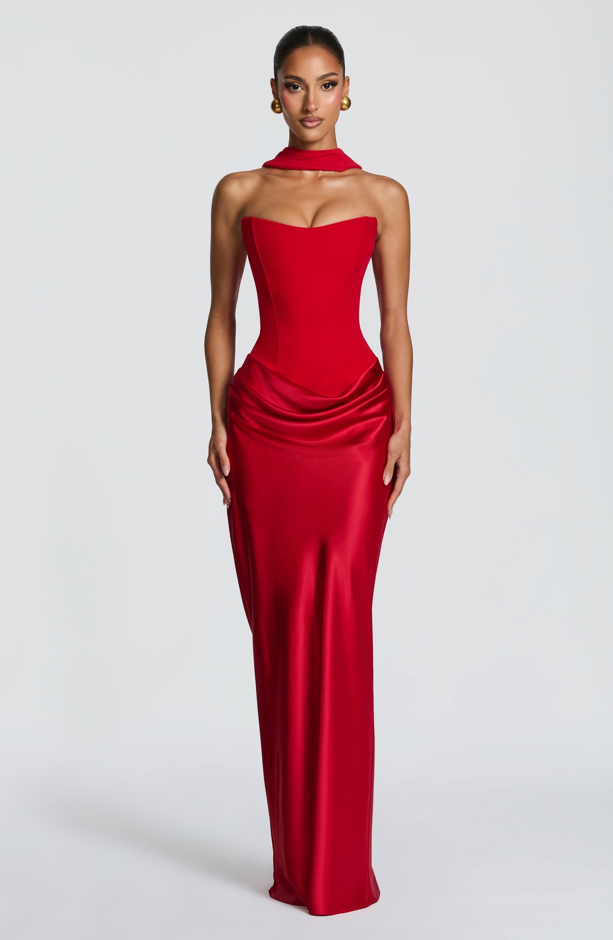 Women's wedding guest cowl strapless maxi dress in red, front view