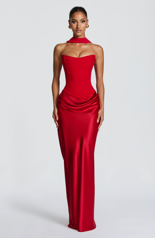 Women's wedding guest cowl strapless maxi dress in red, front view