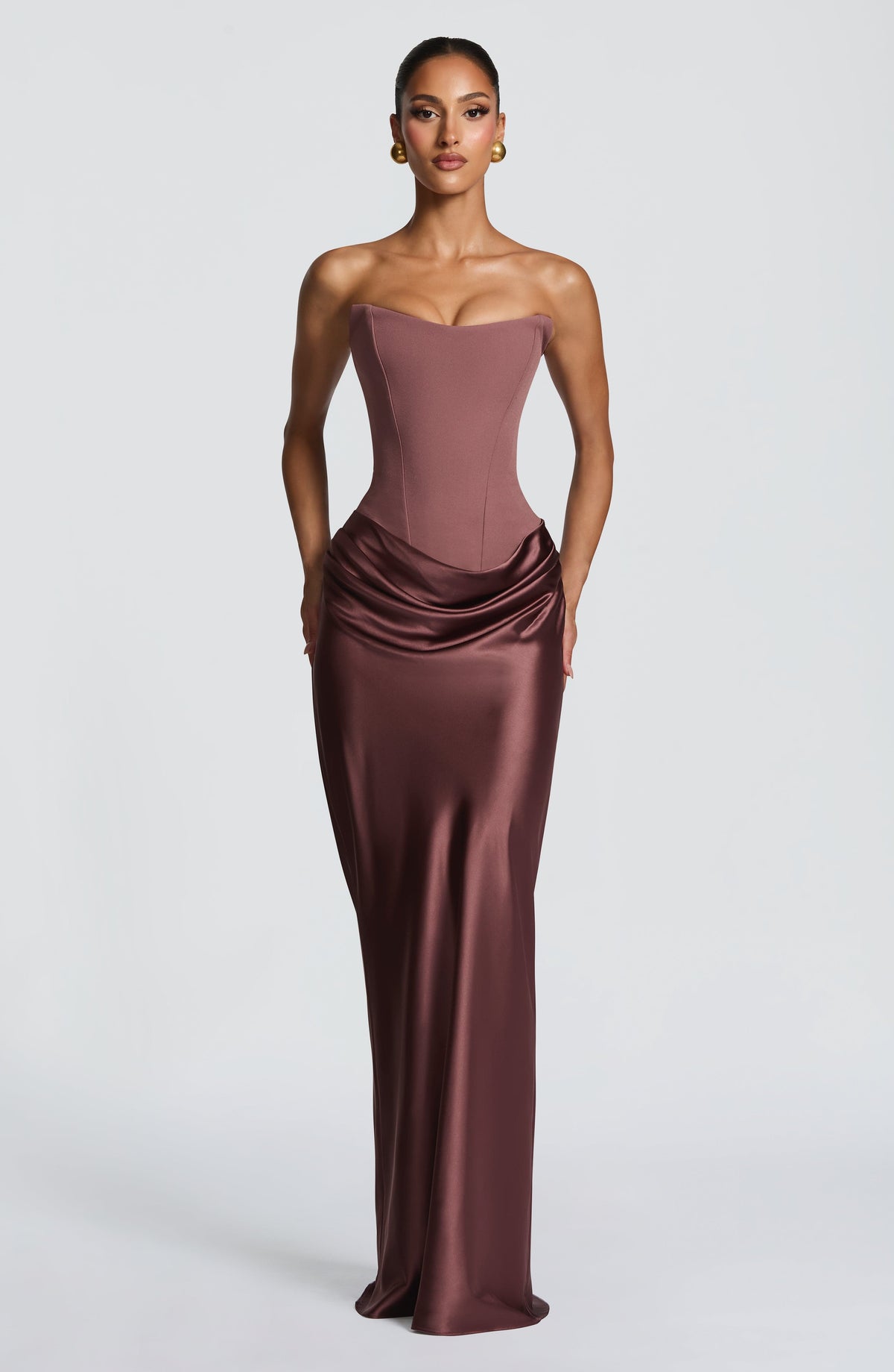 Women's wedding guest cowl strapless maxi dress in pink, side view