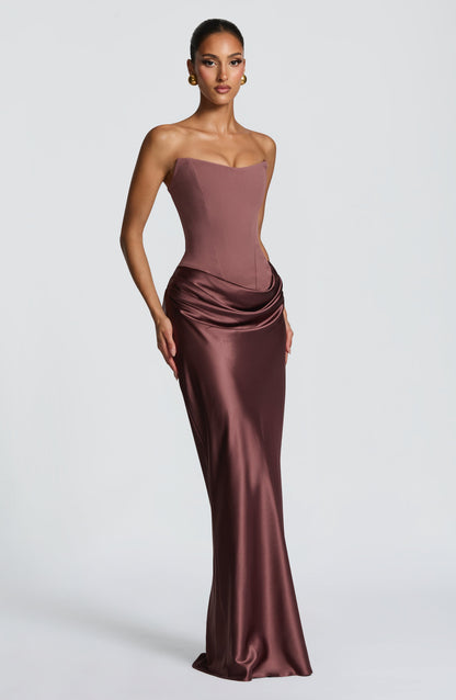 Women's wedding guest cowl strapless maxi dress in pink, front view
