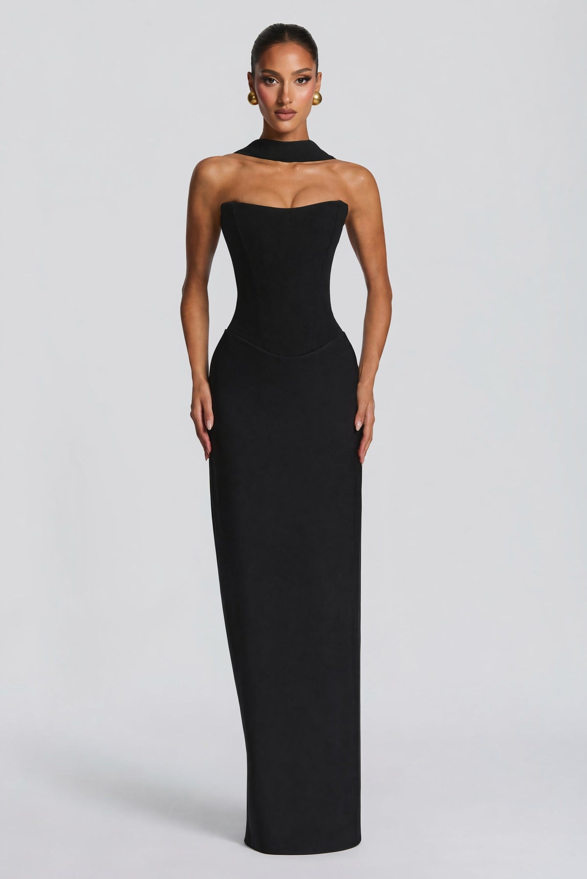 Women's wedding guest cowl strapless maxi dress in black, back view