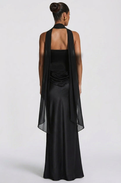 Women's wedding guest cowl strapless maxi dress in black, side view