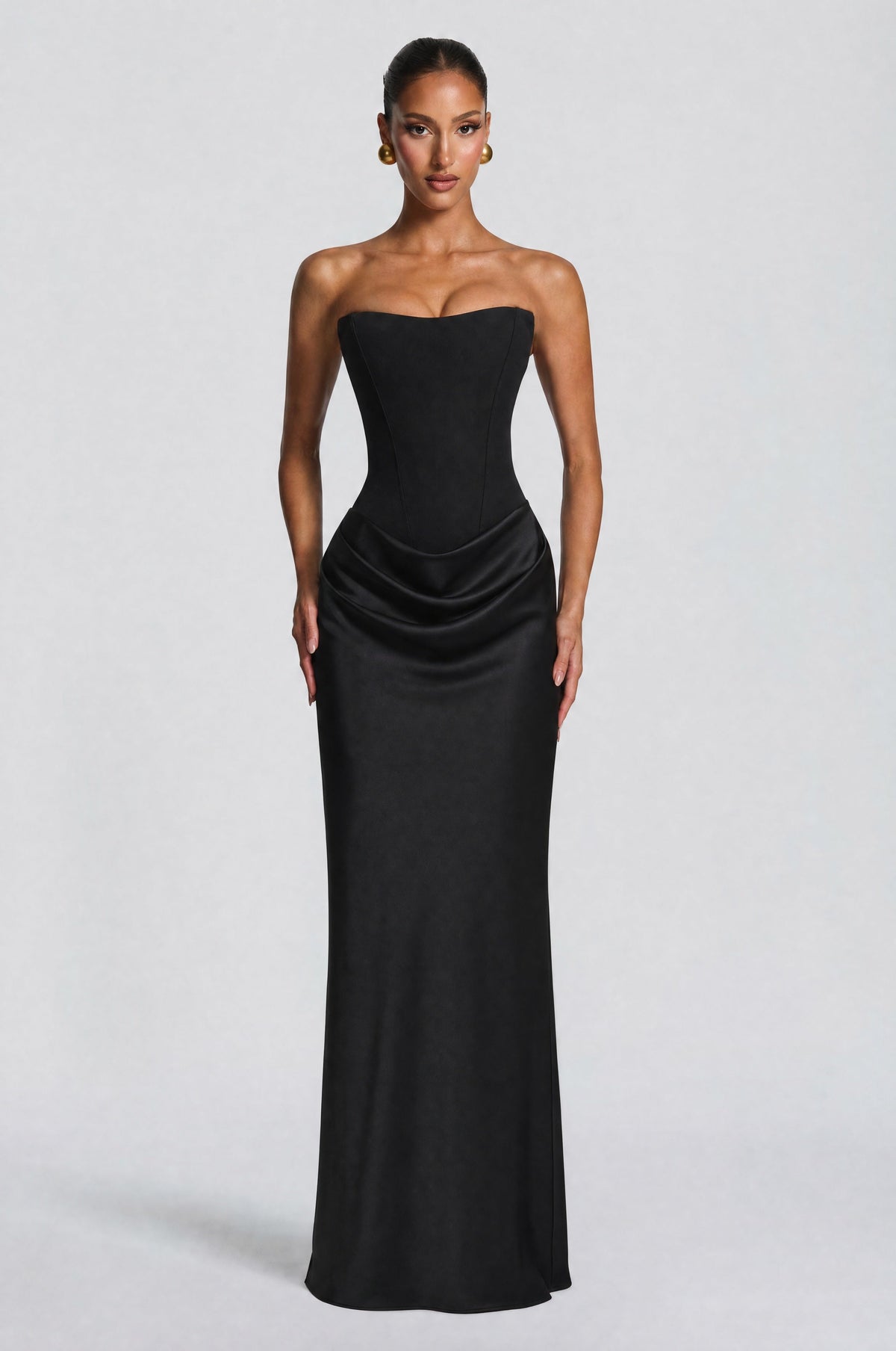 Women's wedding guest cowl strapless maxi dress in black, front view