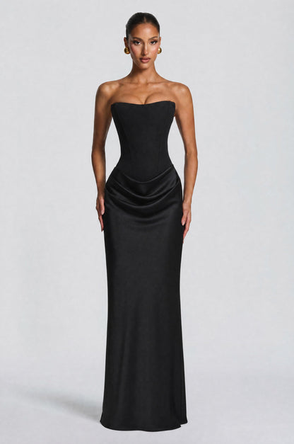 Women's wedding guest cowl strapless maxi dress in black, front view